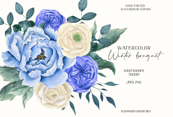 Dusty Blue Flowers Watercolor Clipart Illustrations