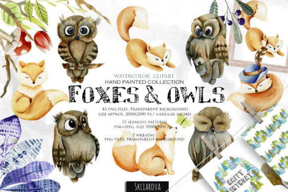 Foxes and Owls Watercolor Clipart