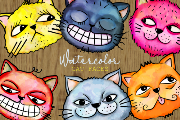 Funny Watercolor Cat Face Doodle Clipart