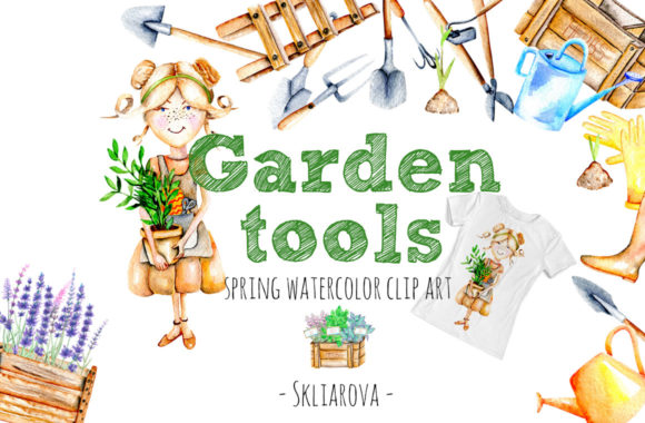 Garden Tools Watercolor Clipart and Illustrations