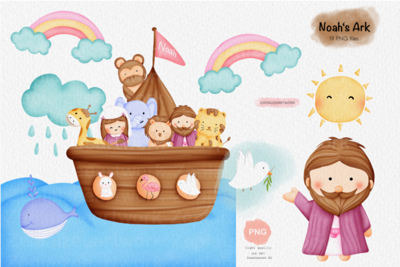 Noah's Ark Bible Watercolor Clipart & Illustrations