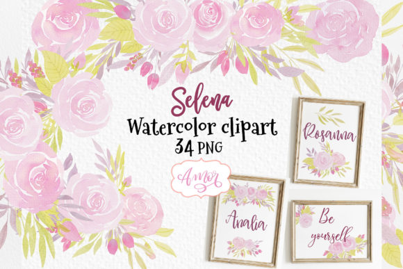 Pink Roses Romantic Watercolor Clip Art and Illustrations