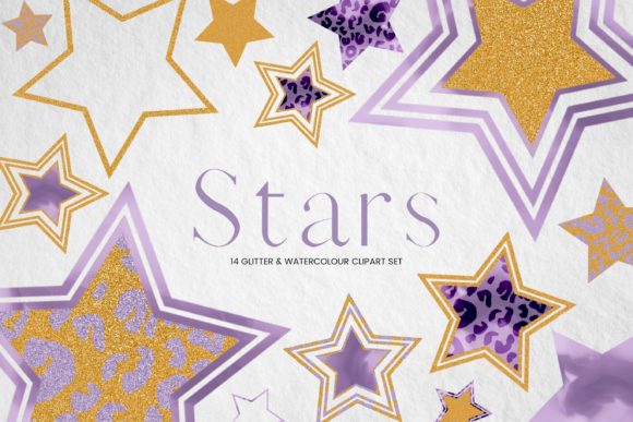 Purple Watercolor and Glitter Star Illustrations