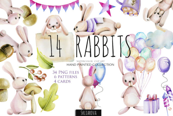 Rabbits Watercolor Clipart and Illustrations