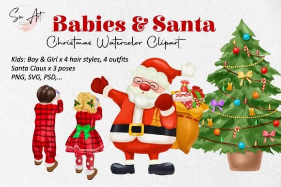 Santa & Babies Watercolor Xmas Clipart for Illustrations