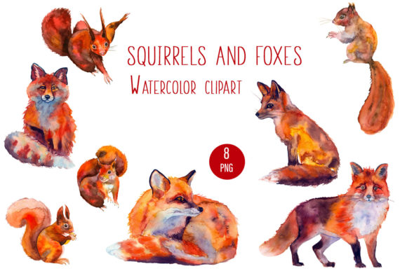Squirrels and Foxes Watercolor Clipart