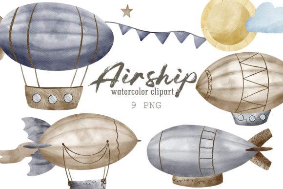 Watercolor Airship Clipart PNG Illustrations