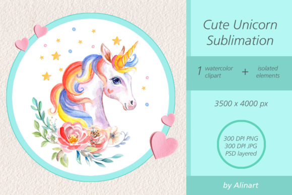 Watercolor Beautiful Unicorn Sublimation Illustrations