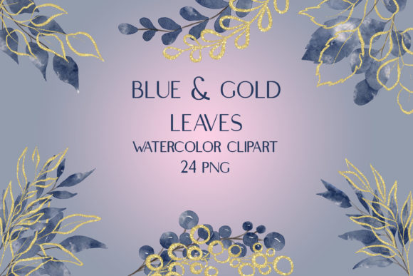 Watercolor Blue Gold Leaves Clipart and Illustrations