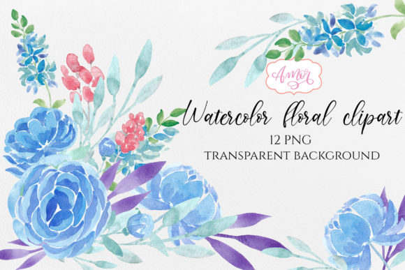 Watercolor Blue Peonies Clipart and Illustrations