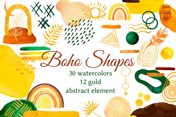 Watercolor Boho Shapes Plants and Leaves Illustrations