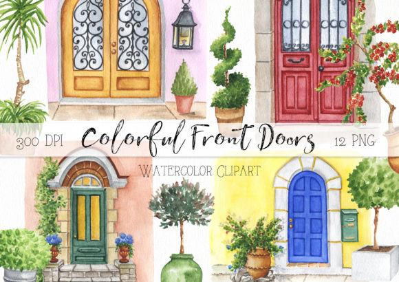 Watercolor Colorful Front Doors Clipart and Illustrations