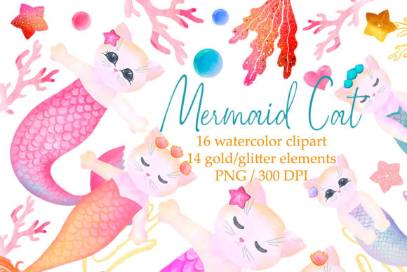 Watercolor Mermaid Cats Clipart and Illustrations