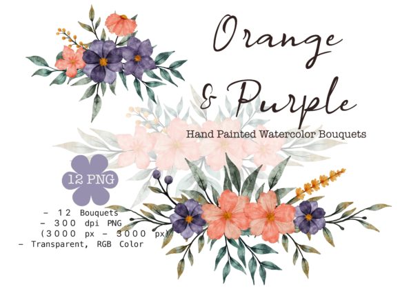 Watercolor Orange Purple Bouquet Illustrations