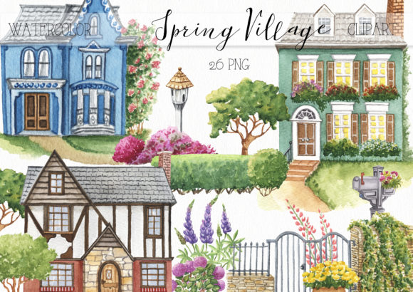 Watercolor Spring Village Clipart and Illustrations