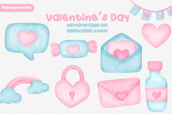 Watercolor Valentine's Day Clipart and Illustrations