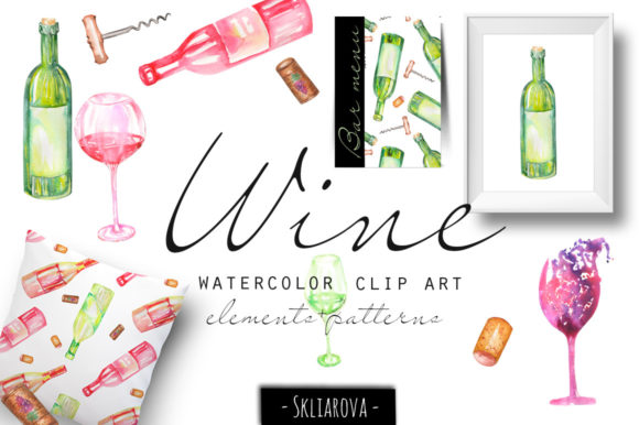 Wine Watercolor Clipart and Illustrations