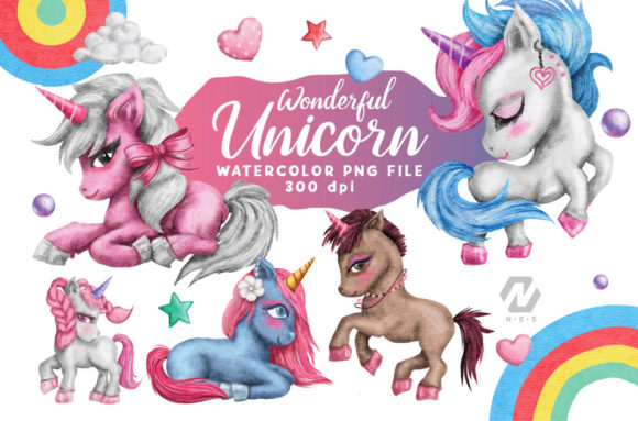 Wonderful Unicorn Cartoon Watercolor PNG and Illustrations